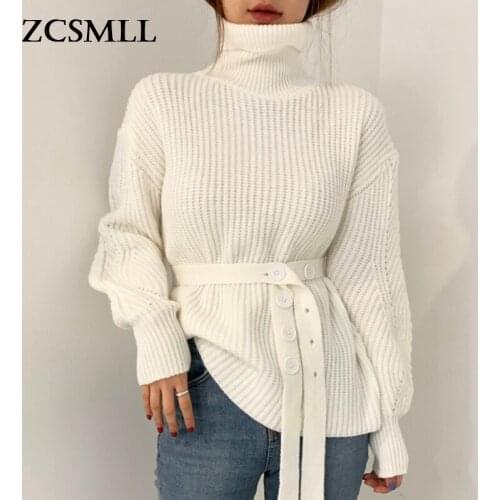 ZCSMLL Turtleneck Pullover Design Thick Needle Thickened Tie Buttons Puff Sleeve Knitted Sweater Korea Autumn and Winter Tops
