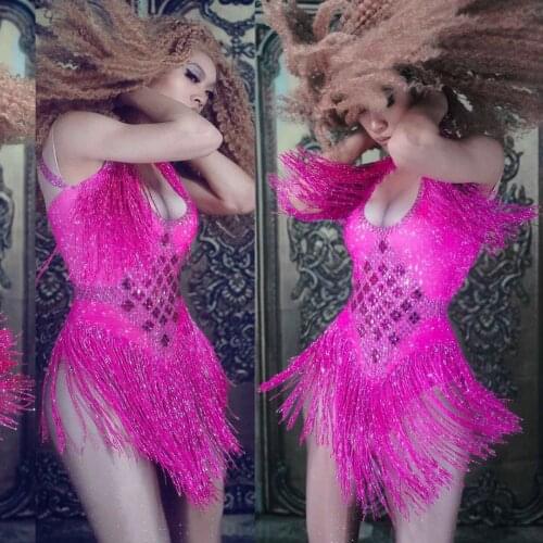 Sexy Rhinestone Tassel Stage Bodysuit Women Stretch Crystal Fringes Bodysuits Nightclub Party Dancer Leotard Performance Outfits