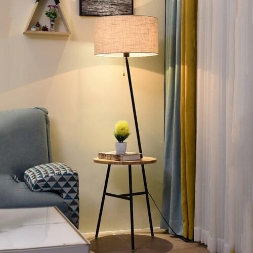 Morden nordic wood led floor lamp for living room bedroom standing tripod fabric decor light with table