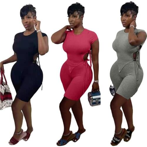 Causal Women Tracksuit Solid Color Knit Ribbed Bandage O-neck Shirt And Pants Sportsuit Summer Clothes For Women Outfit