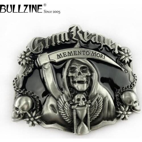 The Bullzine wholesale skull belt buckle black enameled pewter finish FP-02388-2 cowboy jeans gift belt buckle