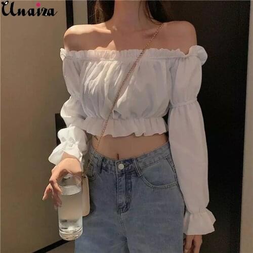 Unaiza Women Top Sexy Blouse Off Shoulder Top Long Sleeve Solid White Shirt Puff Sleeve Ruffle Tunic Crop Top Summer Tube Top