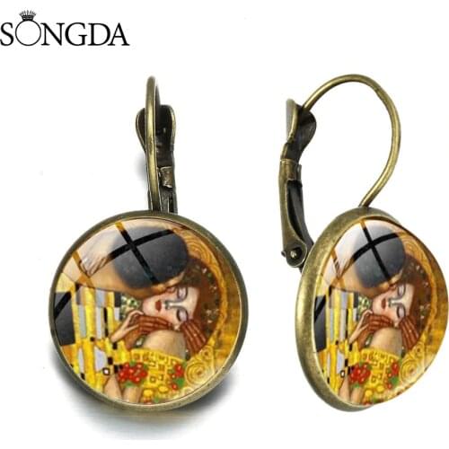 Vintage Gustav Klimt The Kiss Art Paintings French Hook Earrings Mother Kiss Baby Glass Dome Drop Earrings Jewelry Gift