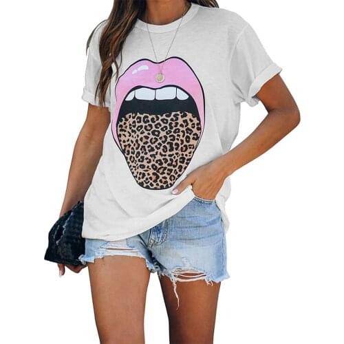 INITIALDREAM 2021 Summer Tops Women Leopard Pink Lips Print Funny T-shirt Women O-Neck Casual Loose White t shirts