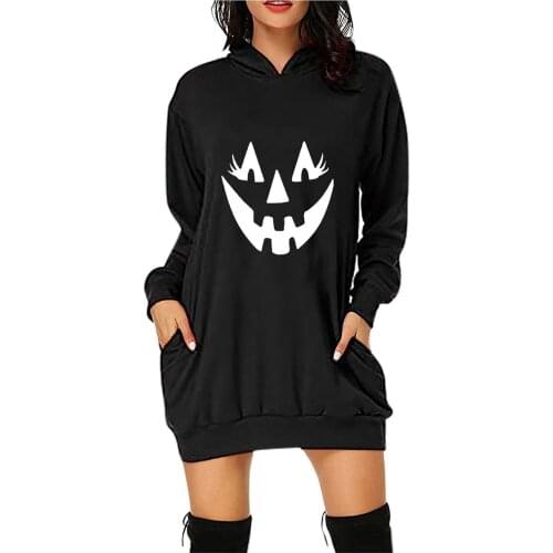 Fashion Hoodies For Women Halloween Printed Long Sleeve Casual Loose Mid Length Hooded Womens Sweatshirt Con Capucha Moletom