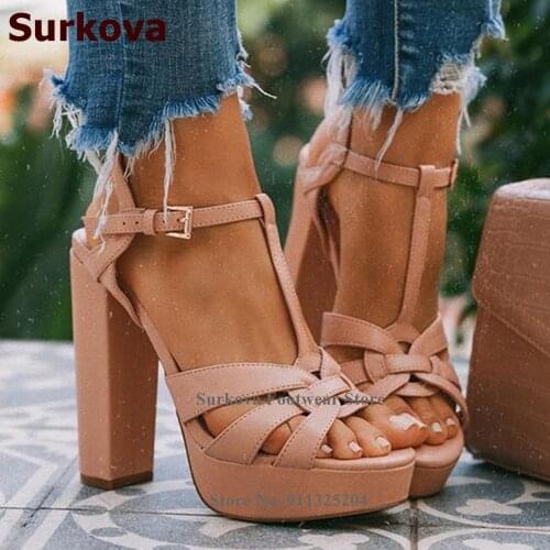 Surkova Nude Brown Chunky Heels Strappy Sandals Women Platform Buckle T-bar Dress Shoes Open Toe Gladiator Banquet Pumps Size46