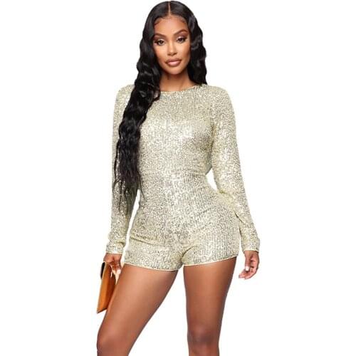 Glitter Sequin Rompers Womens Jumpsuit Shorts Sexy Long Sleeve Backless Party Club Overalls Night Out Fitted Bodycon Playsuits
