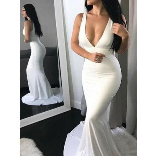 Sexy Deep V-Neck Mermaid Long Satin Wedding Dresses Floor Length Button Back Sweep Train Bridal Gown for Women