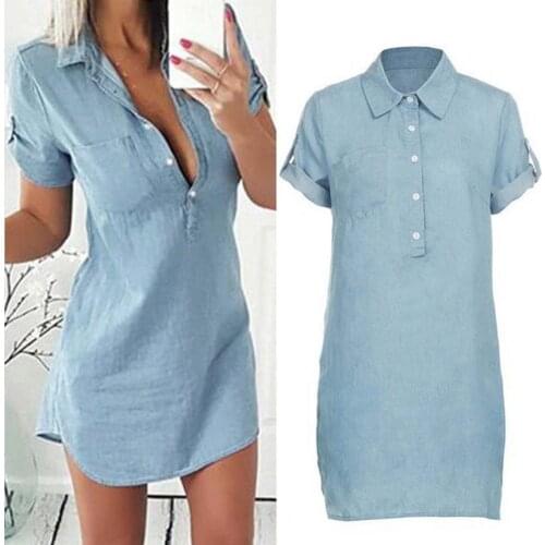 Women Dress Solid Color Short Sleeve Summer Lapel Buttons Dress for Dating