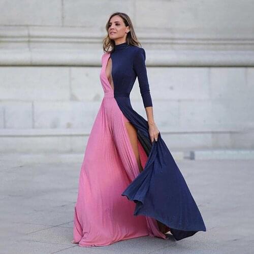 40# Women Maxi Elegant Dresses O-neck Long Sleeve Cut Out Contrasted High Slit Side Pleated Party Flowy Dress Готическое Платье