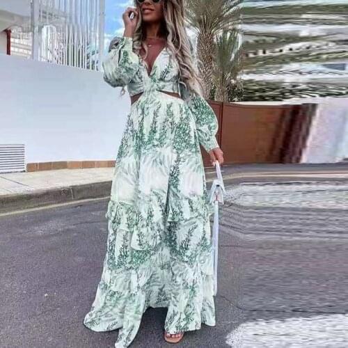 Women Sexy Deep V-Neck Hollow Out Party Dress Ladies Elegant Tie-Dye Ruffle Maxi Dresses Fashion Casual Long Sleeve Loose Dress