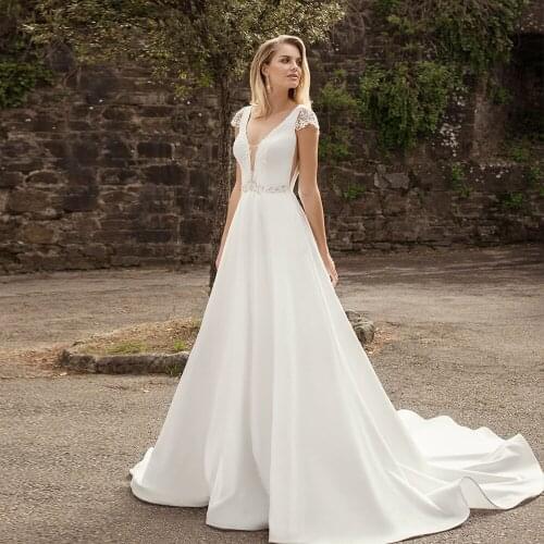 Robe De Mariee Cap Sleeve A-Line Wedding Dress Satin Abito Da Sposa V-Neck Hochzeitskleid Backless Trouwjurk Simple Gelinlik