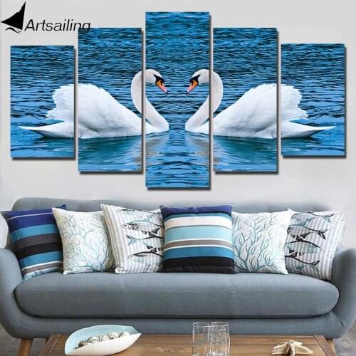 Artsailing HD Printed canvas art white swan couple painting Home Decor waterfowl in blue sea wall pictures for living room