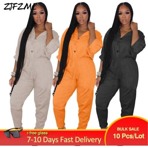 Bulk Items Wholesale Lots Casual Autumn Long Jumpsuits Women Solid Buttons Up Half Sleeve Romper Hip Hop High Waist Bodysuits