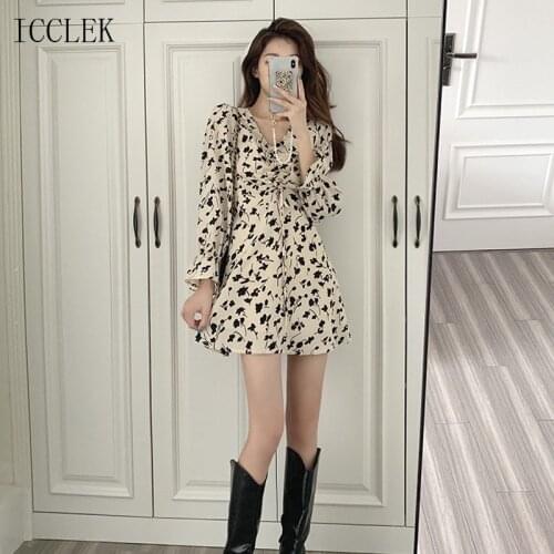 One-Piece Korean Fashion Chiffon Dress Drawstring V-Neck Floral Dress Women 2021 Spring Fall New A-Line Waist Slim Casual Dress