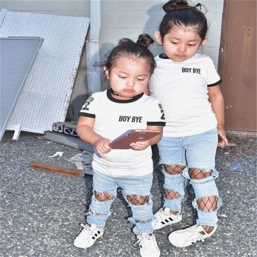 Child Girls Clothes 2pcs Cotton Newborn Kids Girls T-shirt Tops Mesh Hole Denim Pants Newest Fashion Short Sleeve Summer Outfits