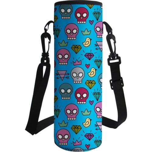 Colorful Skull Printed Water Bottle Sleeve Insulated Neoprene Carrier Bottle Cover for 1000ml Water Bottle with Shoulder Strap