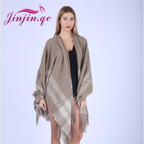 Jinjin.QC 2019 New Cashmere Shawl Fashion Boho Style Thick Warm Blanket Poncho Polyester Scarves Coffee Color White Squares