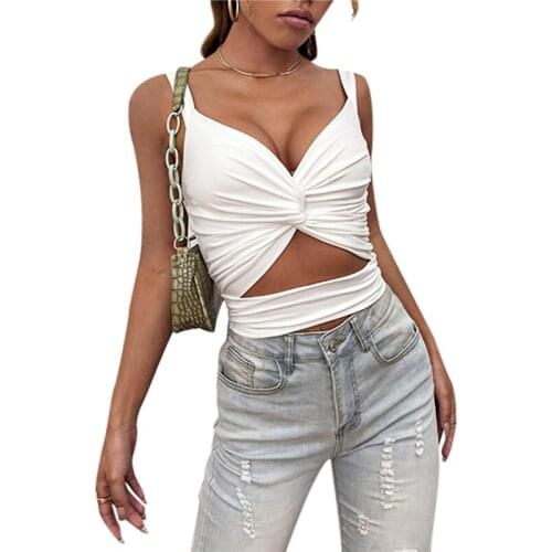 2021 Fashion Trend Women Solid Color Sling Tops Hollow Out Sleeveless Deep V-neck Knot Vest Summer Stylish Casual Tanks Camisole