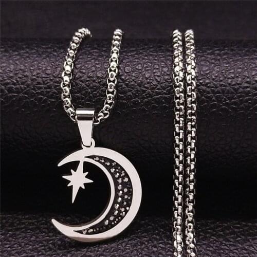 Stainless Steel Crystal Judaism Star Moon Chain Necklaces Women/Men Silver Color Necklaces Jewelry collier lune N4902S05