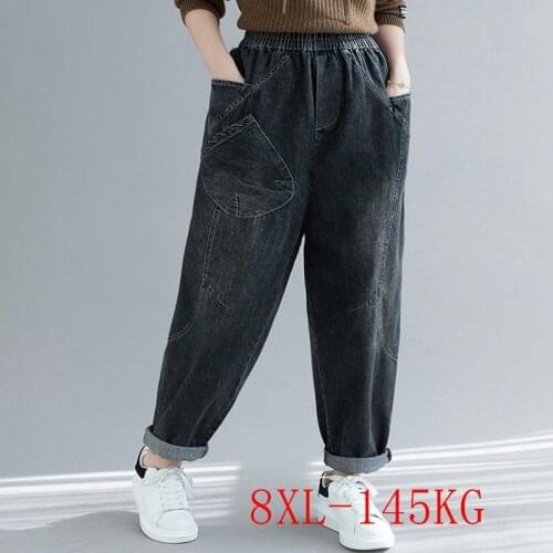 Large size new womens jeans 4XL-8XL hip 150CM fashion large size womens large diagonal pockets loose retro elastic waist jeans