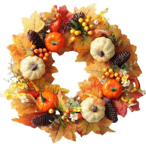 New Artificial Fall Wreath - Autumn Wreath With Maple Leaves Pumpkin Pine Cone Berries For Front Door Thanksgiving Decor