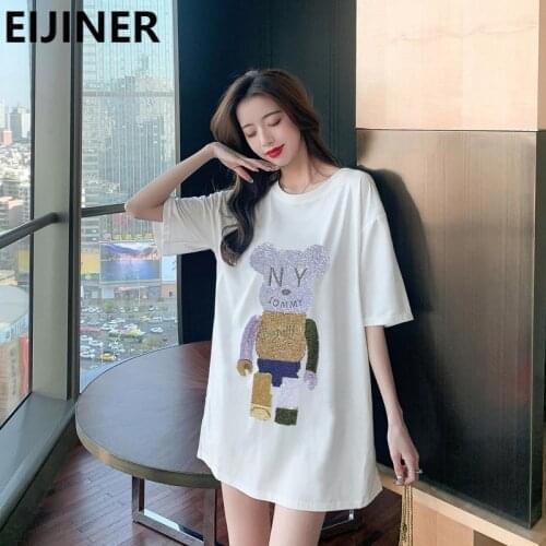 Plus Size Rhinestone Harajuku Cartoon Short-Sleeved T-Shirt Womens 2021 Summer Korean Casual Crewneck Kawaii Mid-length Tops