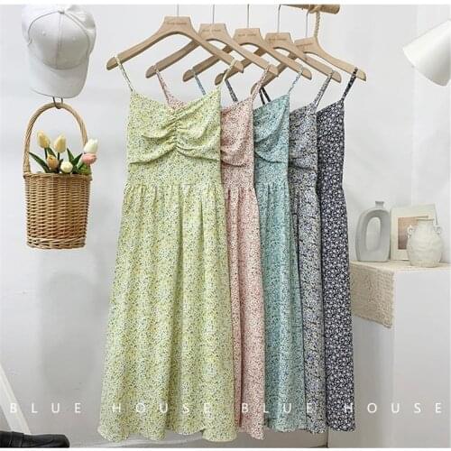 Chiffon Dress Korean Sleeveless Long Robe Elegant V Neck Preppy Style Floral Strap Vestidos De Verano Plus Size Women Clothing