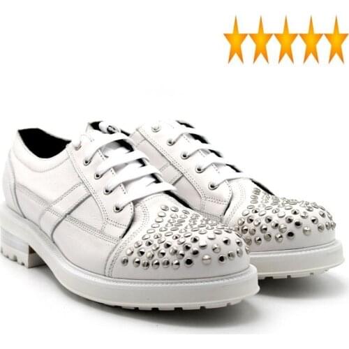 Men Luxury New Handmade Genuine Leather Thick Platform White Mens Shoes Casual Lace Up Rivet Footwear Man Mid Heel 3-5CM