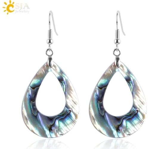 CSJA Natural Abalone Shell Earring Bead Gem Stones Pendant Pear Shape Water Drop Hook Earring for Women Fashion Jewelry E903