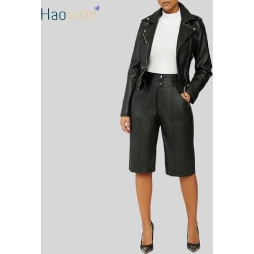HAOYUAN Plus Size Pu Leather Shorts Y2k Clothing for Women Button Booty Shorts High Waist Casual Outfits 2021 Fall Streetwear