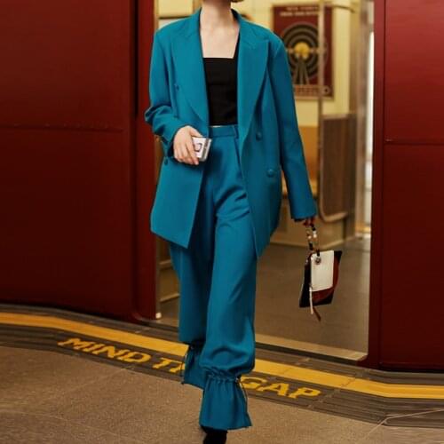 SISPELL Pure Color Casual Womens Two-piece Lapel Collar Long Sleeve Loose Blazer High Waist Loose Lace Up Womens Sets 2020 New