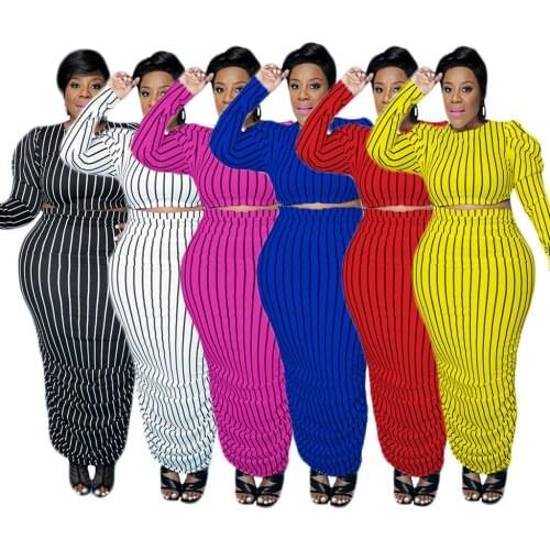 2021 Autumn New Women Plus Size Two Piece Sets O-neck Puffy Sleeve Tops High Waist Shirring Ankle-length Skirts Casual Outfits