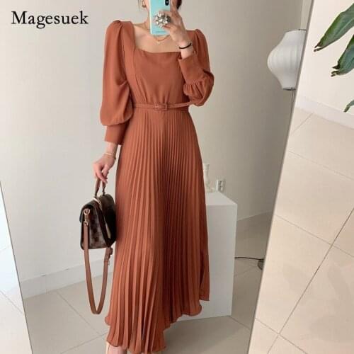Spring Korean Style Elegant High Waist Women Dress Thin Square Collar Pleated Dress Solid Color Office Vestidos with Belt 12801