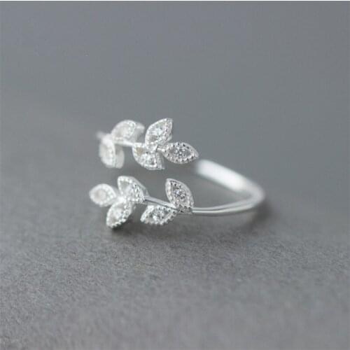 2020 Korean 925 Sterling Silver Adjustable Crystal Leaf Couple Ring For Women Wedding Statement Jewelry Anillos jz067
