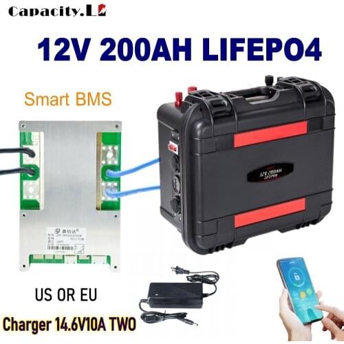 12V 200Ah lifepo4 battery pack with BMS rechargeable waterproof Marine RV Outdoor backup solar inverter Lithium battery