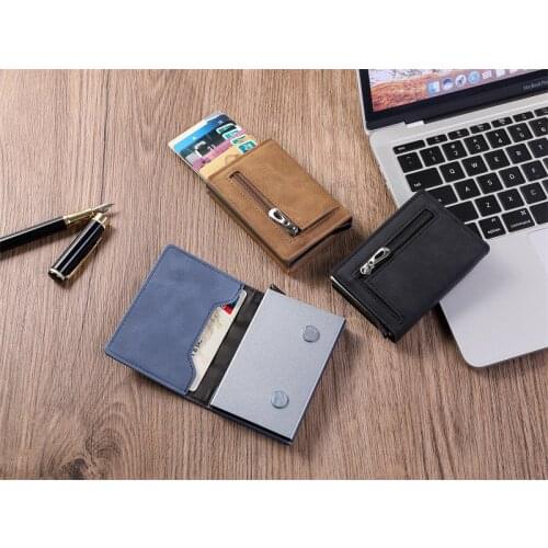 BISI GORO 2021 Men&Women Brand Leather Anti RFID ID Card Holder Case Aluminum alloy business casual Male Coin Purse with Zipper