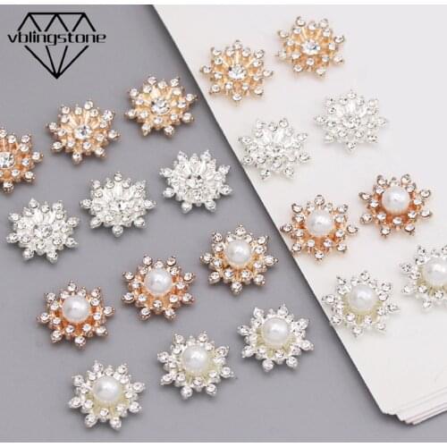10Pcs Flower Rhinestone Buttons Pearl Decorative Button For Clothes Gold/Sliver Base Metal Button Flatback Crystal DIY Bow Craft