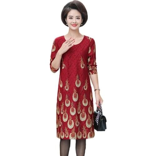 Elegant mother Vestidos round neck long sleeve peacock print dress 2020 fashion temperament was thin dress A705