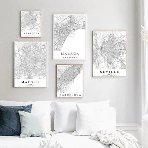 Spain City Map Barcelona Madrid Malaga Canvas Painting Wall Art Nordic Posters and Prints Wall Pictures for Living Room Decor
