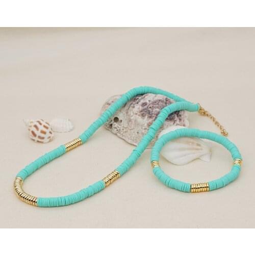 KBJW Polymer Clay Jewelry Set Slice Stainless Steel Metal 18K Gold Plated Necklace Bracelet Set Surf Choker Elastic Bracelet