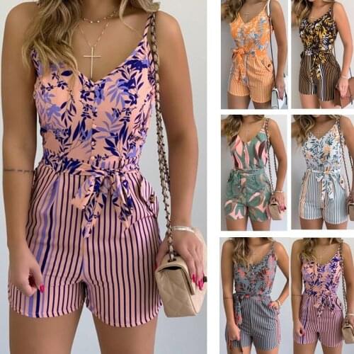 Womens Summer Tropical Print Jumpsuit Casual Slim Short Sleeve V-Neck Beach Rompers Sleeveless Bodycon Sexy Playsuit Outfits