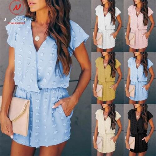 Womne Summer Solid Color Playsuits Embroidery Dot Design Pockets Decor V-Neck Short Sleeve Mid Waist Casual Loose Jumpsuits