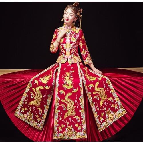 Red Chinese Women Embroidery Phoenix Bride Marriage Suit Satin Add Rhinestone Luxury Qipao Cheongsam Classic Wedding Dress