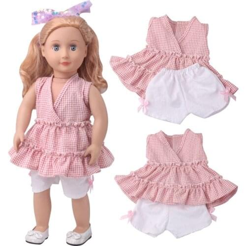 Summer New Pattern Fashion Pink Lace Lattice Small Fresh Suit Fit 18 Inch American&43cm Baby New Born Doll Clothes Accessories