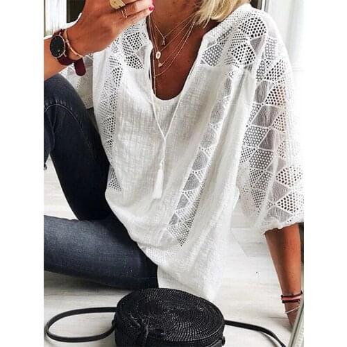 Lucyever Women White Lace Hollow Out Patchwork T Shirt Summer Casual Loose Seven Points T-shirt Woman Boho Streetwear Tops 2021