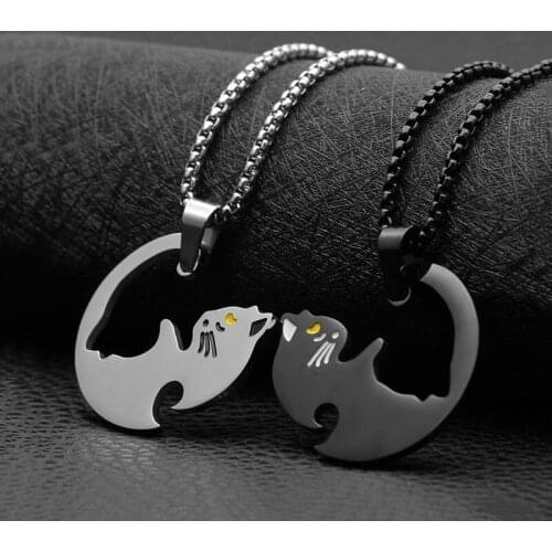Cute Cartoon Puzzle Couple Heart Necklace Cat Stainless Steel Pendant Necklace Black Animal Necklace Jewelry Gift for Girl Boys