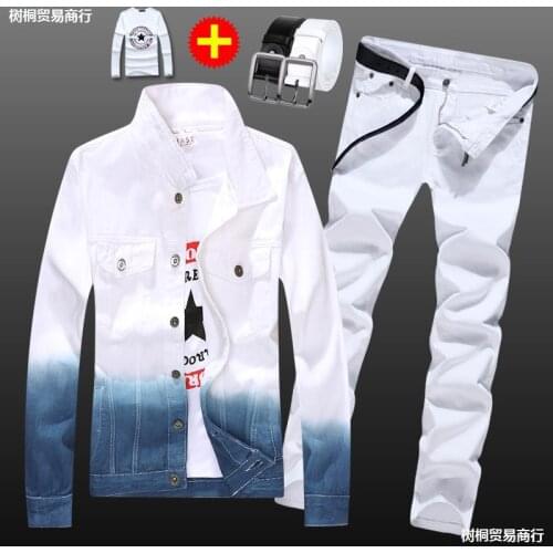 4Pcs Fashion Mens Mixed Color Denim Jacket Jeans Pants With Shirt&Belt Casual Style For Male Boys Slim Fit New 2021