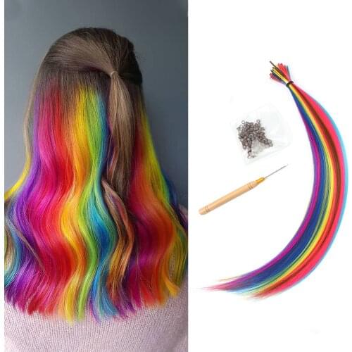 Party Colors Hair Extensions I Tip Long Straight Hairpieces Synthetic Highlight Feather Micro Ring Hair Accessories For Women