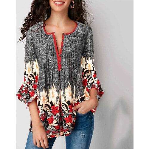 New best-selling single-breasted female v-neck loose fashion personality printed long-sleeved lotus leaf sleeve shirt top